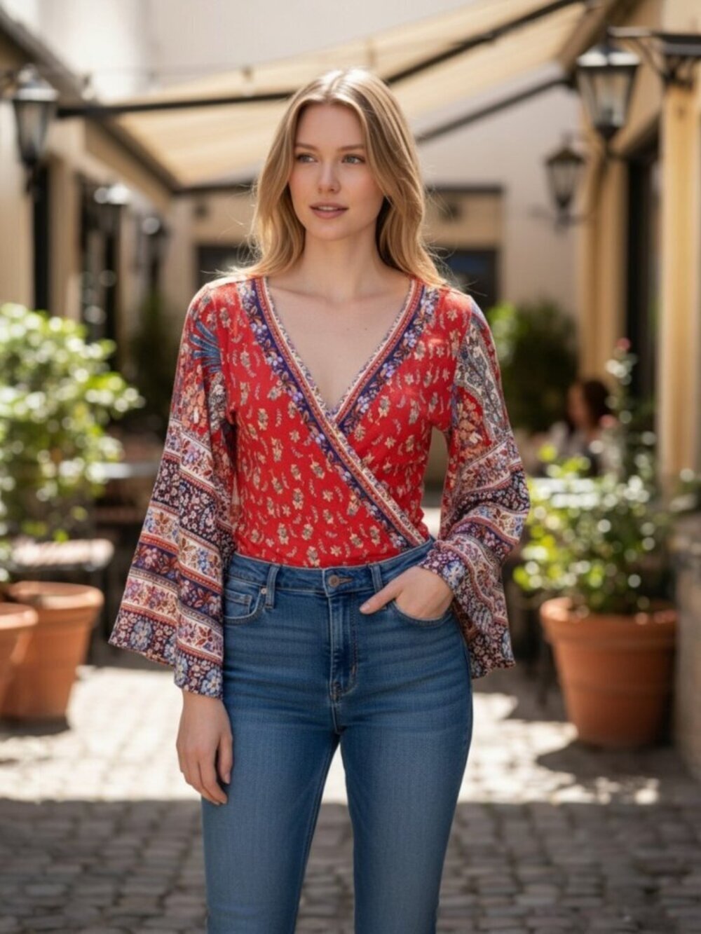 Farm Rio Bodysuit Long Sleeve V-Neck Faux Wrap Floral Boho Women's Small